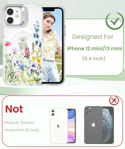 Miniatura 2 de Dretal Funda para iPhone 12 Mini / 13 Mini floral, con protector de pantalla, soporte para cámara, protección de grado militar, translúcida mate