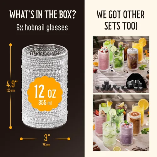Miniatura 3 de Juego de 6 vasos para beber Hobnail de 12 onzas, juego de cristalería multiusos transparente, vasos decorativos y elegantes para bar, cocina