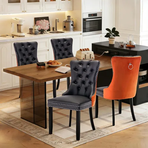 Miniatura 92 de Juego de 4 sillas de comedor de terciopelo, sillas de comedor tapizadas con ribete de cabeza de clavo y patas de madera maciza para cocina
