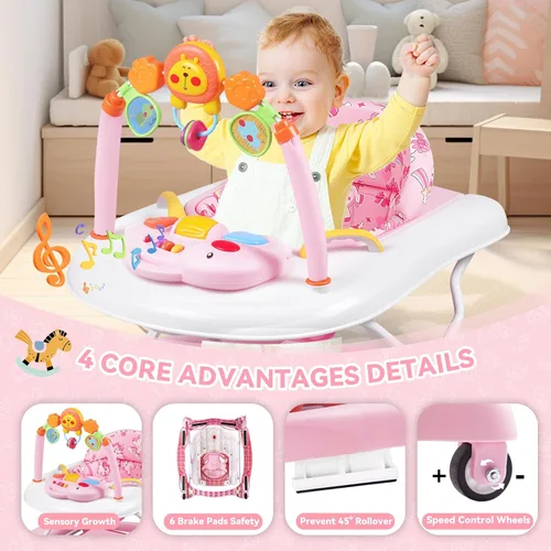 Miniatura 3 de Andador de bebé, 5 en 1 para niños y niñas de 6 a 12 meses, andadores plegables para bebés con gorila y bandeja de alimentación, música, alturas