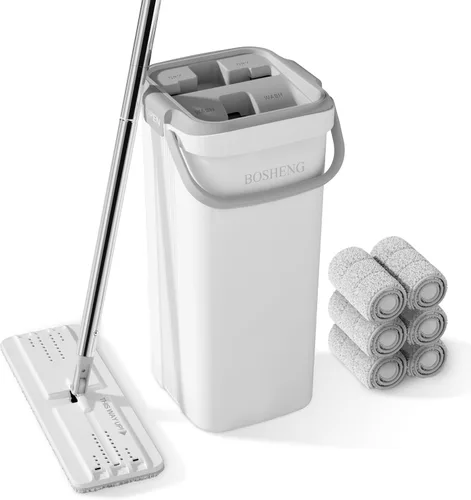 Miniatura 12 de BOSHENG Juego de trapeador y cubo, trapeadores planos para limpieza de pisos, trapeador de pared con mango extensible de 60 pulgadas, mopa de piso