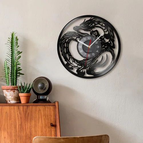 Miniatura 8 de Reloj de pared con diseño de dragón de 12 pulgadas, 7 cambios de color, decoración medieval de fantasía, disco de vinilo, reloj de pared de dragones