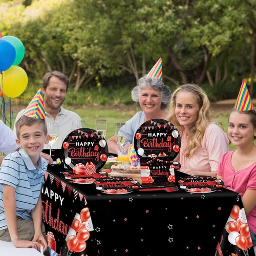 Miniatura 5 de Suministros de fiesta de cumpleaños rojo y negro, confeti con chispas de feliz cumpleaños, incluye platos de fiesta, servilletas, tenedor y mantel