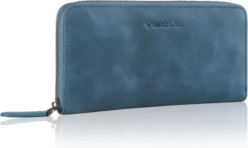 Miniatura 22 de VISOUL Cartera larga de cuero con cremallera para hombres y mujeres con bloqueo RFID, cartera larga de embrague grande con cremallera, Negro