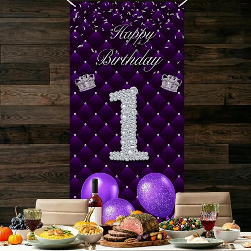 Miniatura 6 de Cartel morado de feliz primer cumpleaños telón de fondo para cabina de fotos, globos de corona plateada, decoración temática para niña, aniversario