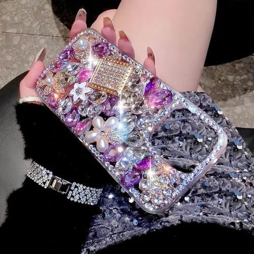 Miniatura 5 de Compatible con iPhone 13 Funda Linda con Diamantes de Imitación y Purpurina - Funda de Lujo de Diseño con Diamantes de Imitación para Mujer