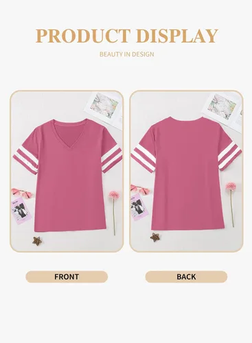 Miniatura 78 de Eytino Blusas de talla grande para mujer, cuello en V, manga corta, a rayas, casual, holgada, con bolsillo (1X-5X)