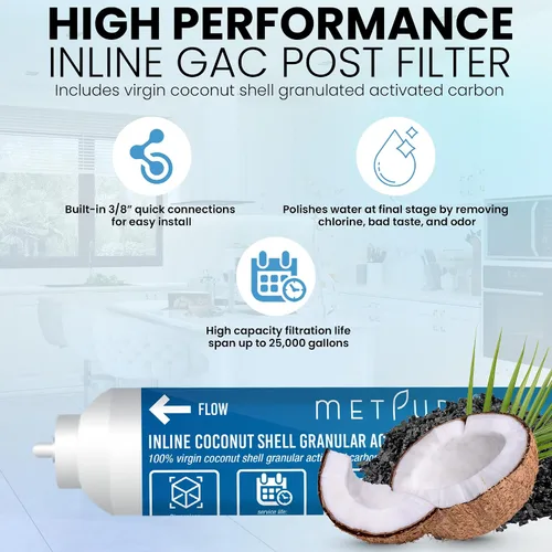 Miniatura 5 de Metpure Filtro de agua GAC en línea 2" x 10" x 3/8" OD. carbón activado granular de cáscara de coco para sistema de filtración de agua de ósmosis