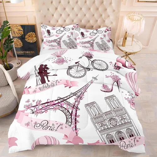 Miniatura 20 de kxry Juego de edredón de París, tamaño Queen, color rosa, Torre Eiffel Sena, ropa de cama estilo francés, edredón de paisaje urbano de París