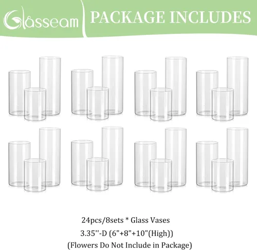 Miniatura 7 de Glasseam Jarrón cilíndrico de vidrio transparente, 6 jarrones de cristal para centros de mesa, pilar moderno de huracán o portavelas flotante