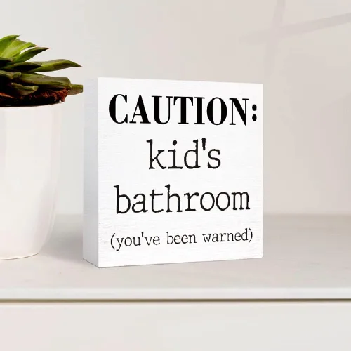 Miniatura 3 de Letrero de madera para baño de niños, divertido letrero de madera de precaución para el baño de niños, estante de baño, estantes de baño, decoración