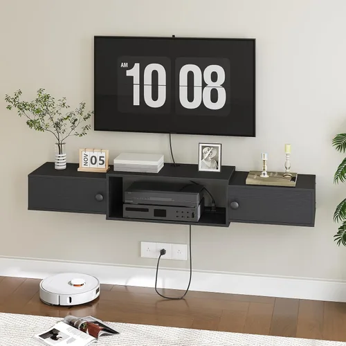Miniatura 3 de HOOBRO BK11UDS01 - Soporte flotante de 55 pulgadas para TV con tomas de corriente, moderno estante de consola multimedia montado en la pared
