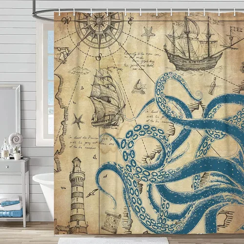 Miniatura 13 de Octopus Decor - Cortina de ducha para caravana, remolque, baño, divertido juego de cortinas de ducha pequeñas y estrechas de tela en blanco y negro