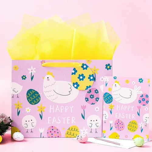 Miniatura 3 de MAYPLUSS Bolsa de regalo grande de Pascua de 13 pulgadas con tarjeta de felicitación y papel de seda, pollos rosados, letras de Pascua, bolsa