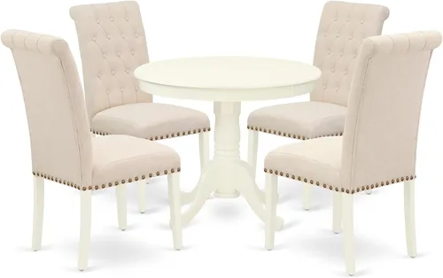 Miniatura 13 de East West Furniture ANBR3-LWH-02 Juego de mesa de comedor de 3 piezas contiene una mesa de comedor redonda con pedestal y 2 sillas tapizadas de tela
