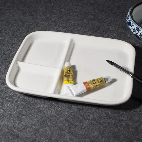 Miniatura 2 de Paleta de acuarela de porcelana de 10 x 7 pulgadas, bandeja de mezcla de cerámica, rectangular, paleta de pintura para pintores, gouache 3 Pozos