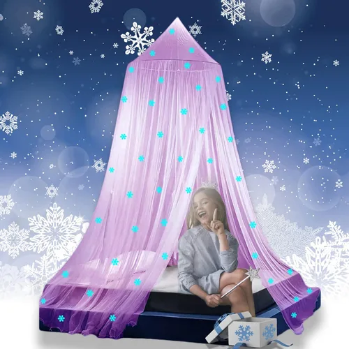 Miniatura 9 de Toldo de cama de princesa que brilla en la oscuridad, toldo de cama de copos de nieve de Navidad para decoración de habitación de niñas, tela