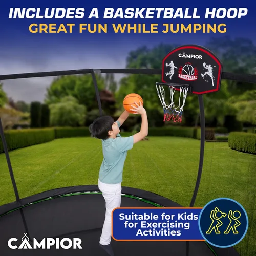 Miniatura 6 de Trampolín de calabaza con aro de baloncesto y recinto interior, seguro, duradero, diversión familiar, resortes galvanizados resistentes, acolchado