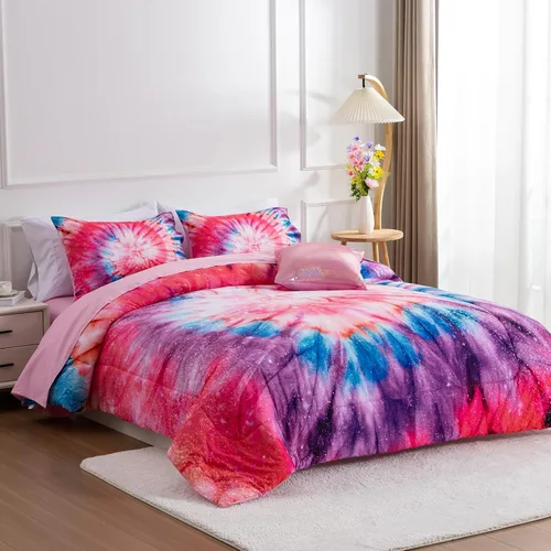 Miniatura 2 de A Nice Night Juego de ropa de cama de 6 piezas en una bolsa Juego de edredón Tie Dye Galaxy para niños, patrón de espiral psicodélico colorido Rosa