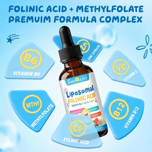 Miniatura 5 de Gotas de ácido folínico líquido y metilfolato para niños, suplemento de ácido fólico con B12 metilado para mujeres, con citrato de zinc, vitamina B6