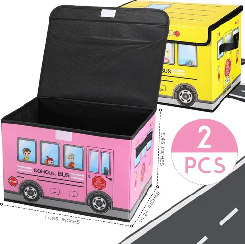 Miniatura 2 de Sweetude Caja del tesoro de autobús escolar de 2 piezas para el aula, caja plegable de almacenamiento de juguetes con tapa, organizador de tesoros