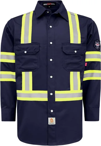 BOCOMAL Camisas FR Alta Visibilidad/Alta Visibilidad Resistente a Llamas/Retardante de Fuego 7.5oz Camisas Reflectantes para Hombre Azul marino/alta