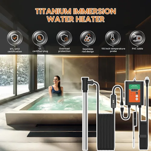 Miniatura 2 de 1800W Titanium Fully Submersible Portable Electric Immersion Hot Tub & Pool Water Heater with LCD Temperature Controller & Leakage Protection, Ideal