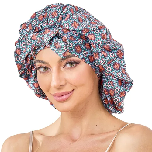Miniatura 10 de Gorro de satén de seda con banda de amarre para dormir, para mujeres de cabello rizado: gorro de noche para cabello liso, ondulado, ensortijado, Rosa