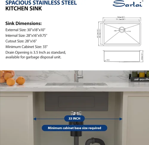 Miniatura 7 de Sarlai Fregadero de cocina de 30 pulgadas de acero inoxidable – Fregadero de cocina de 30 pulgadas con repisa de montaje inferior, estación