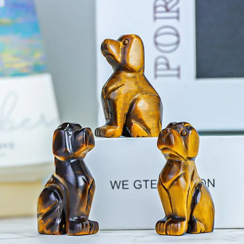 Miniatura 6 de Artistone Estatua de perro de ojo de tigre amarillo de 2 pulgadas, piedra preciosa tallada, animales curativos, escultura de cachorro de la suerte