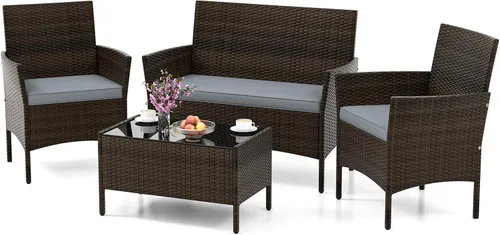 Miniatura 14 de HAPPYGRILL Juego de 4 muebles de mimbre para exteriores, juego de muebles de mimbre para patio con sillas de dos plazas y mesa de café de vidrio