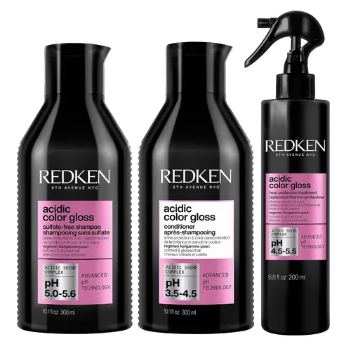 Redken Juego de champú, acondicionador y spray de protección contra el calor para cabello teñido – desenreda y extiende el brillo intenso con