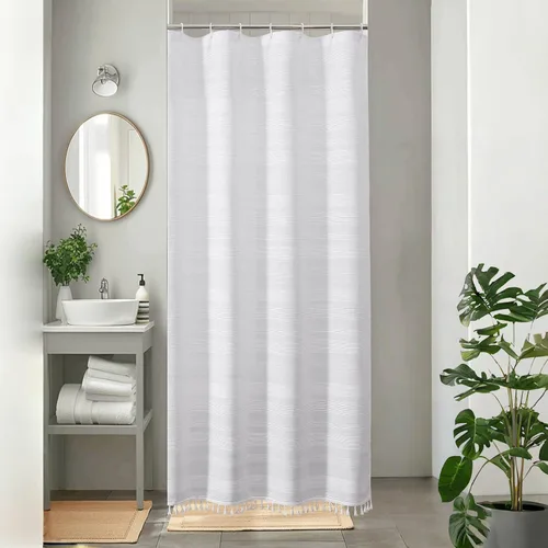 Miniatura 22 de OVZME Cortina de ducha bohemia negra, cortina de ducha estrecha de tela suave a rayas de lino texturizado con borla, moderna decoración de baño