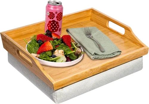 Miniatura 11 de ROSSIE HOME Bandeja de cama de madera de bambú, escritorio de regazo, juego de dos, con cesta de almacenamiento de jacinto, natural, para portátiles