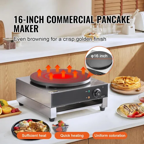 Miniatura 2 de HappyBuy Máquina eléctrica de crepé - 16 pulgadas, 1700 W, acero inoxidable antiadherente, escritorio, control de temperatura, para uso comercial