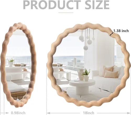 Miniatura 2 de Espejo de pared irregular, espejo redondo de madera, espejo de tocador único, espejo de baño moderno de madera natural de 18 pulgadas para baño