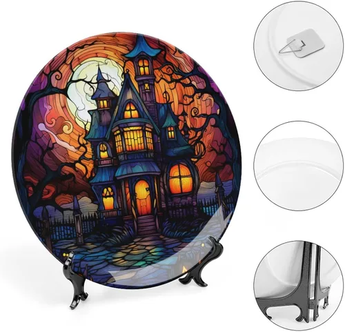 Miniatura 4 de Platos decorativos, diseño de casa embrujada de Halloween, plato de cerámica con soporte de exhibición, decoración para colgar en la pared