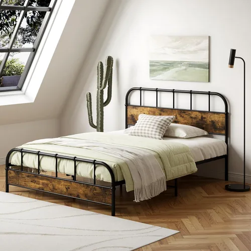 Miniatura 4 de Giantex Base de cama de metal tamaño Queen con cabecera de madera, base de cama de plataforma industrial con listones de metal resistente, base