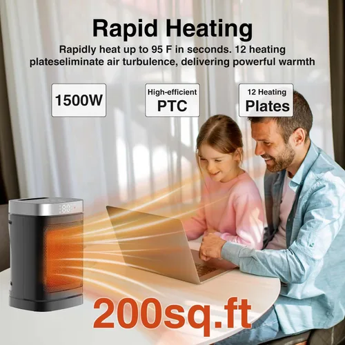 Miniatura 5 de Calentador de espacio, calentador de cerámica PTC portátil para uso en interiores, temporizador de 1 a 12 horas, control remoto, oscilación de 70°