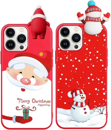 Miniatura 33 de Paquete de 2 fundas navideñas lindas para iPhone 13 Pro, patrón rojo 3D de muñeco Papá Noel muñeco de nieve Feliz Navidad de silicona suave TPU