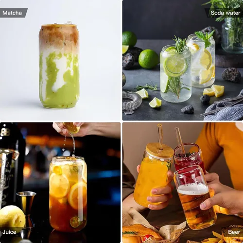Miniatura 5 de Juego de 2 tazas de vidrio con tapas y pajitas, tazas de café helado con tapas para cerveza fría y cerveza, vidrio en forma de lata de 20 onzas