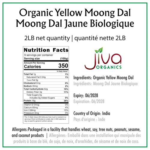 Miniatura 2 de Jiva Moong Dal amarillo orgánico, 2 libras, sin OMG, sin gluten, ideal para Kitchari, frijoles mungos amarillos partidos