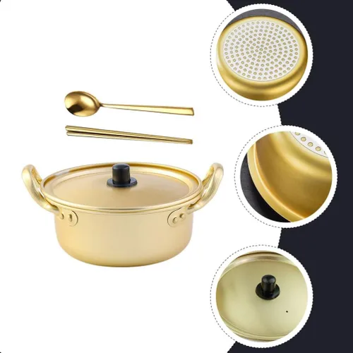 Miniatura 7 de Housoutil Olla ramen 1 juego de olla de ramen coreano con tapa, cuchara, palillos tradicionales de aluminio instantáneo Ramyun para el hogar