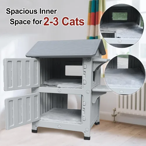 Miniatura 7 de Rockever Casa de gato con aislamiento de plástico para exteriores con puerta de escape, casa impermeable de 2 pisos para gatos al aire libre