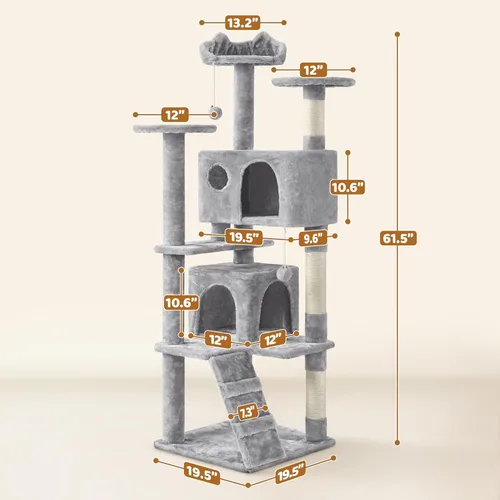 Miniatura 3 de Yaheetech - Torre de árbol para gatos de 62 pulgadas, mueble para mascotas con doble refugio, postes para rascar, múltiples plataformas y pelotas