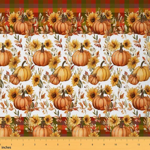 Miniatura 25 de The Yard - Tela con texto en inglés «Hello Fall», 36 pulgadas de largo x 59 pulgadas de ancho, hojas de árbol de calabaza otoñal, tela de tapicería