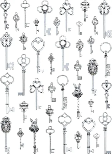 JIALEEY Dijes para llaves de esqueleto vintage, 20 tipos de 40 dijes de plata antigua para collares, colgantes, suministros de fabricación de joyas,