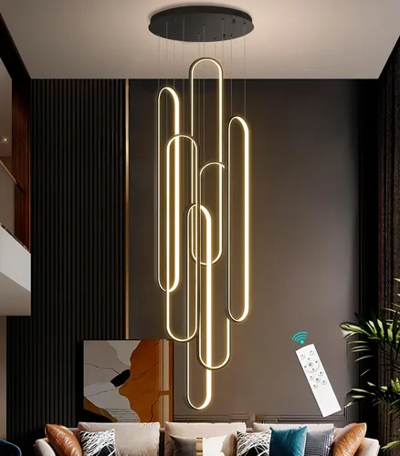 Miniatura 10 de Candelabros LED modernos para entrada de vestíbulo, techo alto, lámparas de escalera largas, regulables, montaje empotrado, alto recibidor, Negro