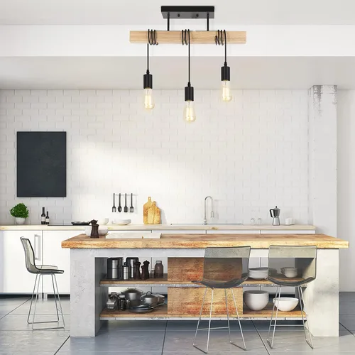 Miniatura 7 de Lámpara de Techo Estilo Granja de 3 Luces de Madera Montaje Semi Empotrado Luminaria de Techo Industrial para Dormitorio, Sala de Estar, Entrada