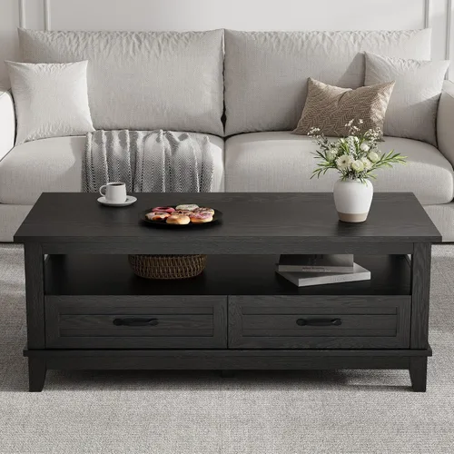 Miniatura 3 de GarveeHome - Mesa de café de estilo granja con cajones, mesa de centro rústica de 47.2 pulgadas, mesa de sala de estar negra, con estante abierto